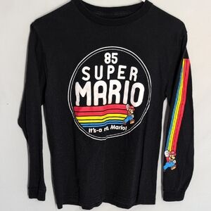 Nintendo Super Mario Black Long Sleeve Shirt with Rainbow Stripes